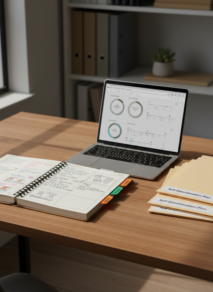 A neatly organized wooden desk displaying a thick, open spiral-bound planning notebook filled with colorful tabs labeled “Vision,” “Supports,” and “Budget.” Beside it lies a silver laptop showing a clean, minimalist dashboard with charts and timelines, and a stack of crisp manila folders labeled “Self-Determination Plan.” Soft, natural daylight from an unseen window washes across the desk, creating gentle shadows and a calm, focused atmosphere. Shot at eye level with photographic realism, the background softly blurs to reveal shelves with binders and a small green plant, emphasizing clarity, organization, and professional support in a serene, modern home office setting.