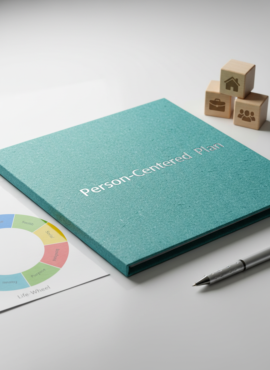 A close-up of a textured, teal-colored folder embossed with the words “Person-Centered Plan” in subtle silver lettering, resting on a clean white tabletop. Around it are carefully arranged visual tools: a colorful life-wheel diagram printed on glossy paper, a set of smooth wooden blocks stamped with icons for home, work, and community, and a fine-tip pen poised at the edge of the frame. Soft studio lighting from above creates gentle highlights on the silver embossing and a calm, shadowed gradient across the table. Photographic realism with a shallow depth of field keeps the folder sharply in focus, symbolizing clarity, empowerment, and intentional planning.