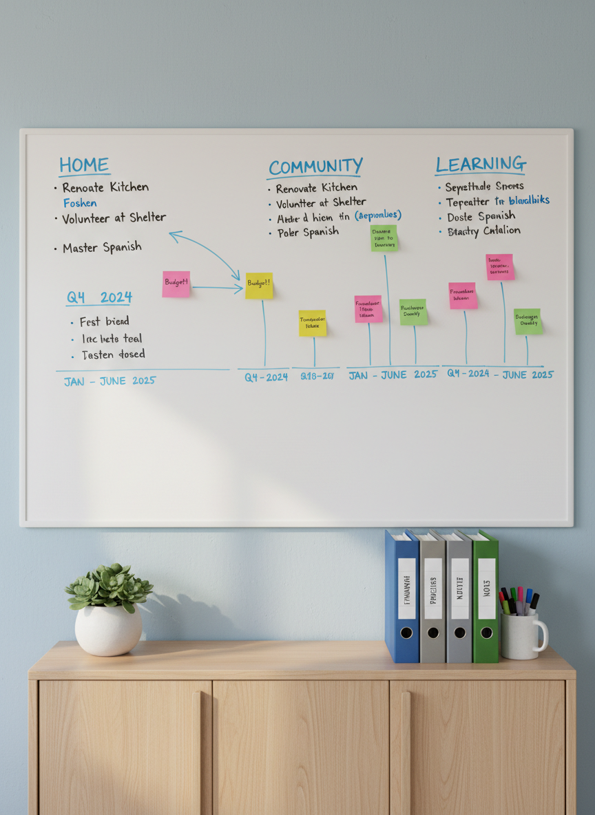 A large whiteboard mounted on a pale blue wall, filled with neatly handwritten goals, timelines, and color-coded sticky notes under headings like “Home,” “Community,” and “Learning.” Below, a smooth wooden credenza holds an orderly array of labeled binders, a small potted succulent, and a ceramic mug filled with pens. Diffused afternoon light filters in from the side, creating a soft glow and barely-there reflections on the whiteboard surface. Captured with a slightly wide, eye-level composition in photographic realism, the scene feels structured yet welcoming, evoking thoughtful planning and collaboration in a professional, accessible environment.